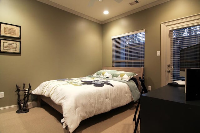 carpeted bedroom with recessed lighting, visible vents, ornamental molding, baseboards, and ceiling fan