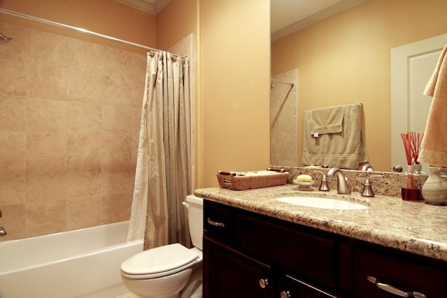 full bathroom featuring shower / bath combination with curtain, toilet, ornamental molding, and vanity