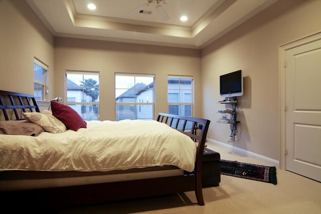 234 Detering St, Houston, TX 77007 - carpeted bedroom with crown molding, baseboards, and a raised ceiling