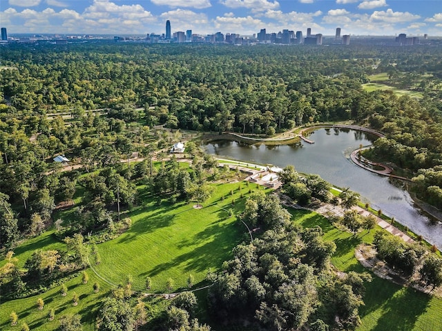 birds eye view of property featuring a view of city and a water view