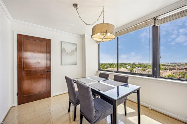 dining space with a wealth of natural light, crown molding, and baseboards