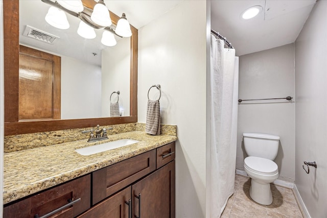 full bath with tile patterned floors, toilet, baseboards, visible vents, and vanity