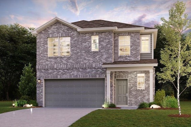 traditional-style home with concrete driveway, brick siding, an attached garage, and a lawn