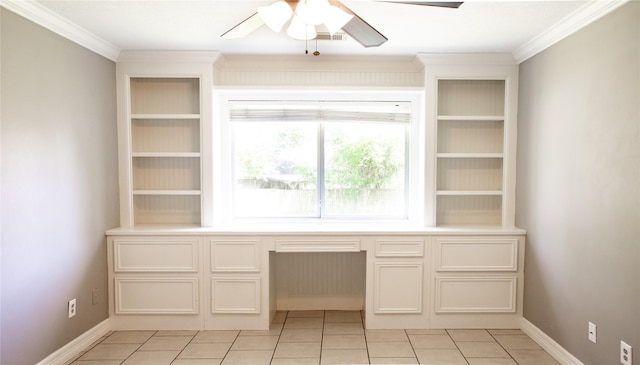 234 Fantasy Ln, Montgomery, TX 77356 - unfurnished office with ornamental molding, a ceiling fan, and light tile patterned floors