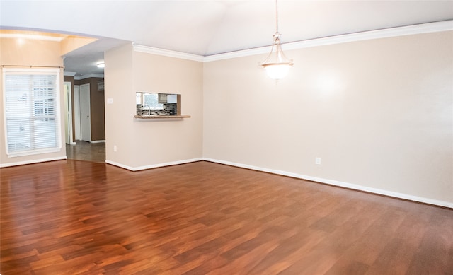 234 Fantasy Ln, Montgomery, TX 77356 - unfurnished living room with ornamental molding, wood finished floors, and lofted ceiling