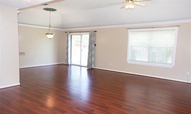 234 Fantasy Ln, Montgomery, TX 77356 - unfurnished room with lofted ceiling, ceiling fan, dark wood finished floors, and crown molding