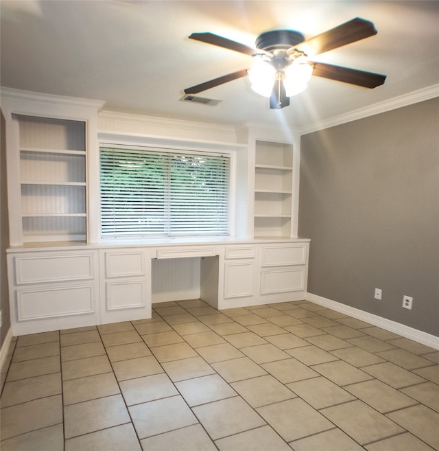 234 Fantasy Ln, Montgomery, TX 77356 - unfurnished office featuring built in study area, ceiling fan, ornamental molding, and built in shelves