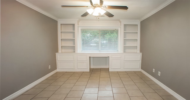 234 Fantasy Ln, Montgomery, TX 77356 - unfurnished office with a ceiling fan, built in features, ornamental molding, and light tile patterned floors