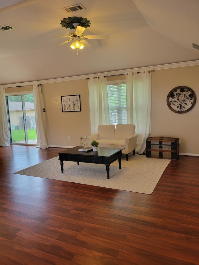 234 Fantasy Ln, Montgomery, TX 77356 - living area with lofted ceiling, wood finished floors, ceiling fan, and crown molding