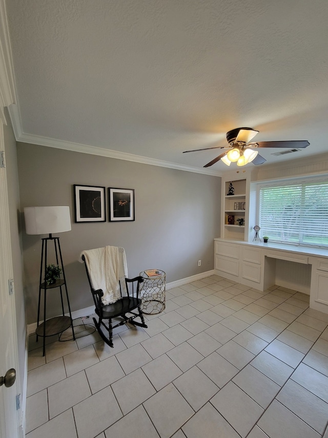 234 Fantasy Ln, Montgomery, TX 77356 - living area with light tile patterned floors, crown molding, built in desk, and ceiling fan