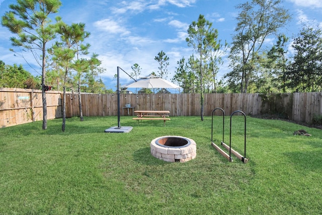 view of yard featuring a fenced backyard and a fire pit