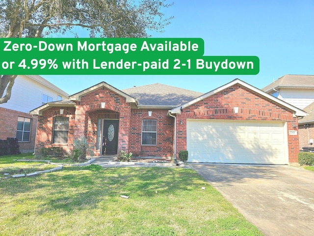 view of front of house with concrete driveway, roof with shingles, a front yard, an attached garage, and brick siding