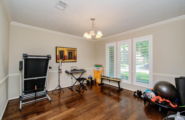 6711 Pebble Beach Dr, Houston, TX 77069 - rec room with wood finished floors, ornamental molding, a chandelier, and baseboards