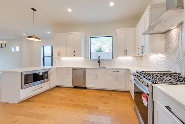 kitchen with range hood, stainless steel appliances, a sink, a peninsula, and tasteful backsplash