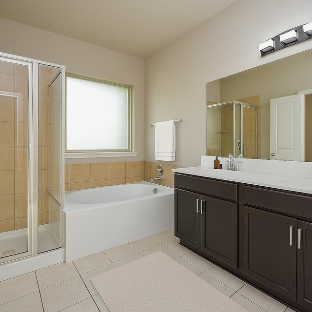 18942 W Windhaven Terrace Trl, Cypress, TX 77433 - full bathroom featuring a stall shower, a bath, tile patterned floors, and vanity