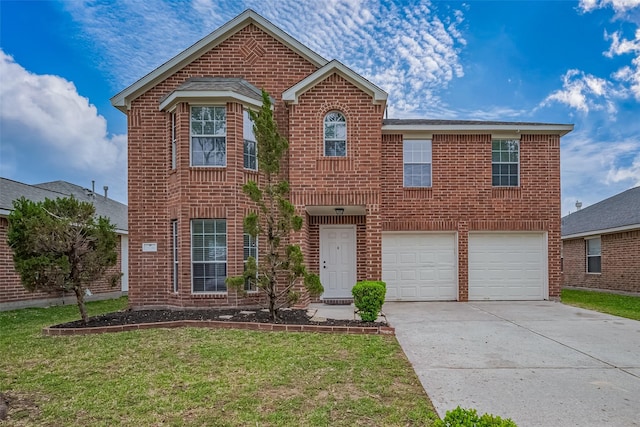 traditional home with brick siding, a front yard, driveway, and a garage