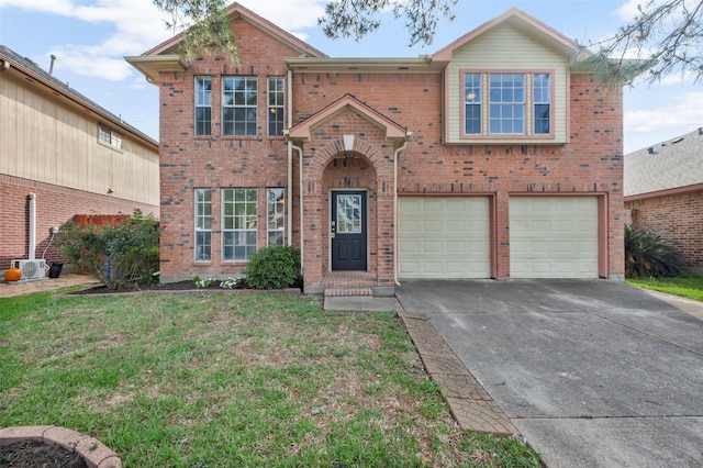 traditional home with concrete driveway, a front lawn, brick siding, and a garage