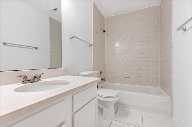 full bathroom with toilet, vanity, shower / bath combination, and visible vents