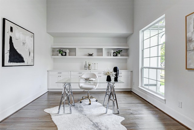 home office with wood finished floors, baseboards, and a wealth of natural light