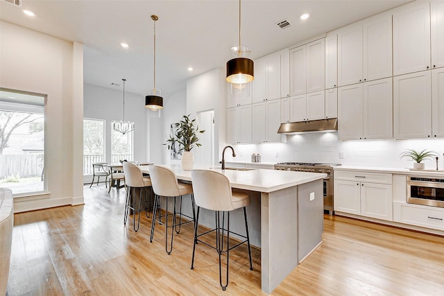 kitchen with a kitchen island with sink, stainless steel range, light wood finished floors, light countertops, and under cabinet range hood