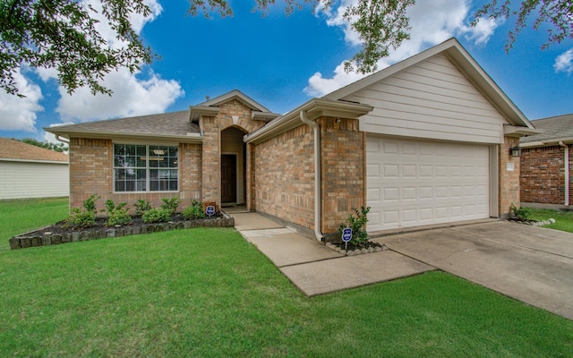 5823 Plantation Crest Dr, Katy, TX 77449 - ranch-style house with brick siding, an attached garage, driveway, and a front lawn