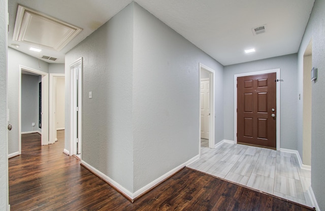 5823 Plantation Crest Dr, Katy, TX 77449 - interior space with attic access, wood finished floors, visible vents, and baseboards