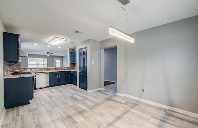 5823 Plantation Crest Dr, Katy, TX 77449 - kitchen featuring tasteful backsplash, visible vents, dishwasher, blue cabinetry, and light countertops
