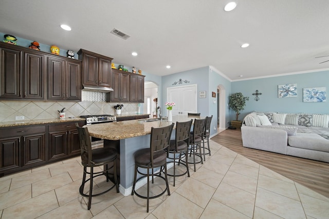 kitchen featuring ornamental molding, a sink, arched walkways, stainless steel gas range, and open floor plan