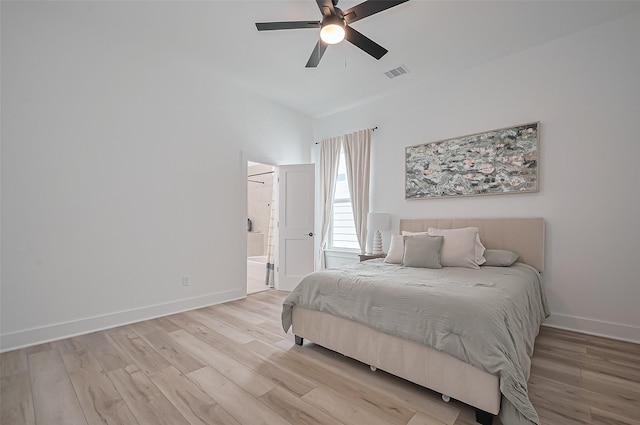 bedroom featuring light wood-type flooring, baseboards, visible vents, and ceiling fan