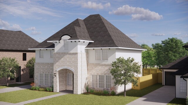 7914 Ludington, Houston, TX 77071 - french country inspired facade with stucco siding, a front yard, a shingled roof, and stone siding
