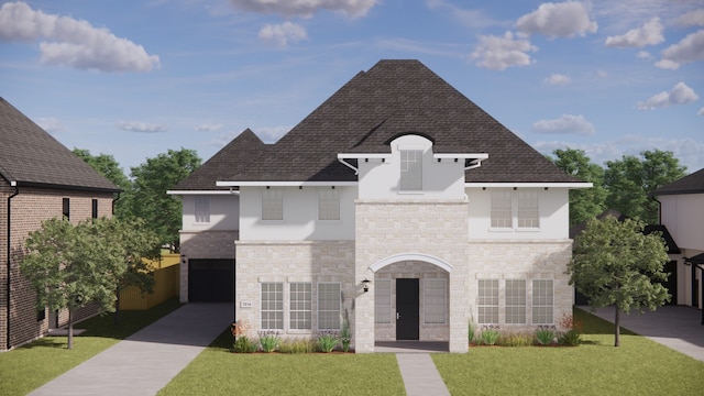 7914 Ludington, Houston, TX 77071 - french provincial home with stucco siding, stone siding, a front lawn, and a shingled roof