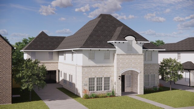 7914 Ludington, Houston, TX 77071 - view of front of home featuring stone siding, stucco siding, a front lawn, and roof with shingles