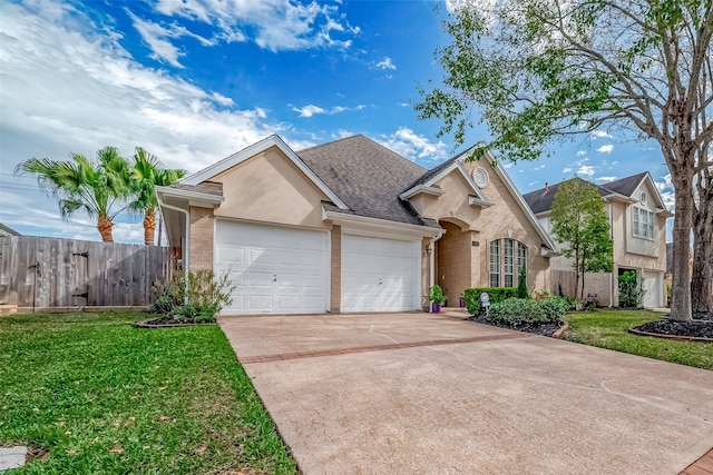 traditional home featuring a front yard, a shingled roof, brick siding, and a garage