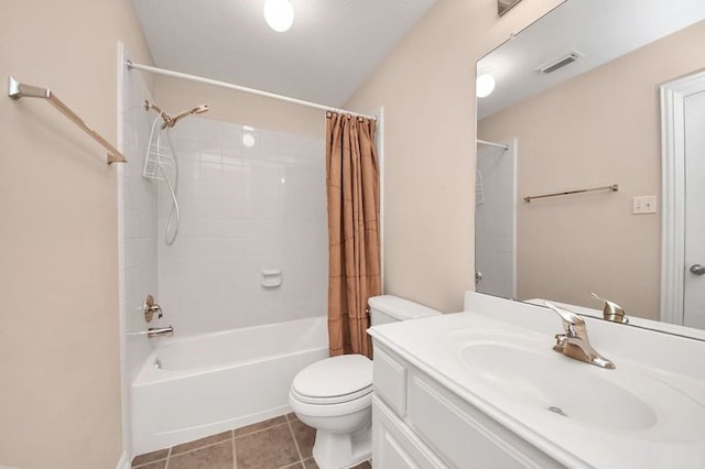 full bathroom featuring vanity, shower / tub combo, toilet, tile patterned flooring, and visible vents