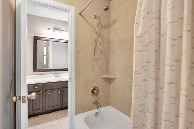 bathroom with vanity, tile patterned flooring, and shower / bathtub combination with curtain