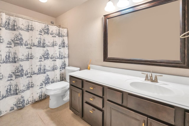 full bathroom with a shower with curtain, toilet, vanity, and tile patterned floors
