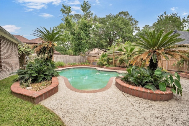 view of swimming pool featuring a fenced backyard, a fenced in pool, and a patio