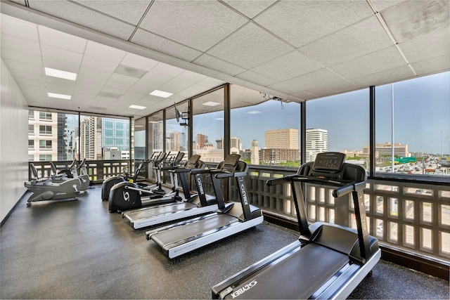 workout area with a city view, a paneled ceiling, and floor to ceiling windows
