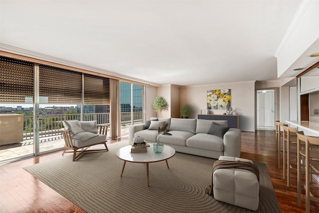 living area featuring a wall of windows, wood finished floors, and crown molding