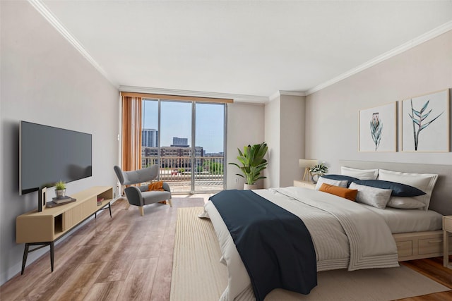 bedroom with floor to ceiling windows, wood finished floors, crown molding, and access to outside