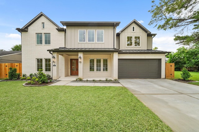 view of front of home featuring fence, a standing seam roof, brick siding, concrete driveway, and an attached garage