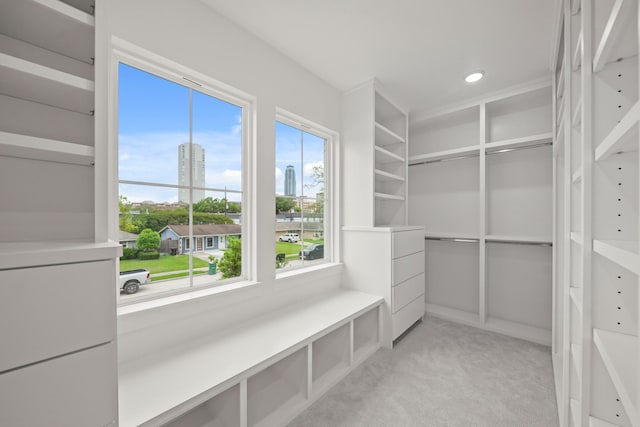 walk in closet with light colored carpet