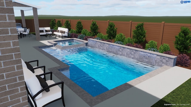 view of pool with a patio, an in ground hot tub, fence, and a fenced in pool