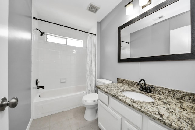 full bath with shower / bath combination with curtain, visible vents, vanity, and toilet