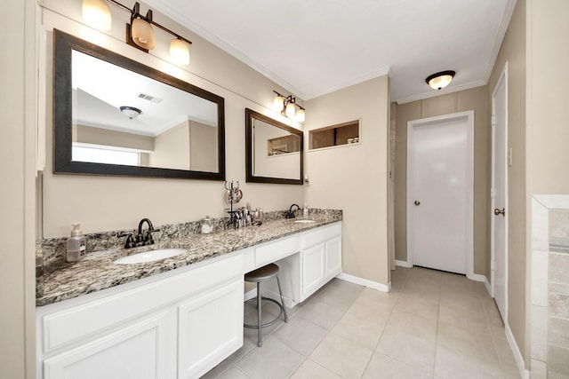 full bathroom featuring tile patterned floors, a sink, double vanity, and crown molding