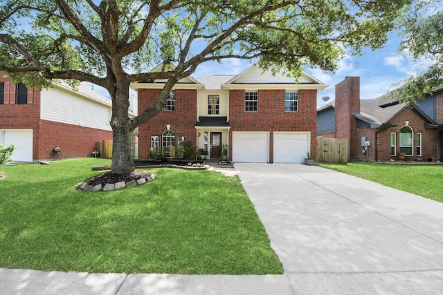 traditional home with an attached garage, brick siding, fence, and driveway