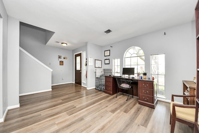 home office featuring a healthy amount of sunlight and light wood finished floors