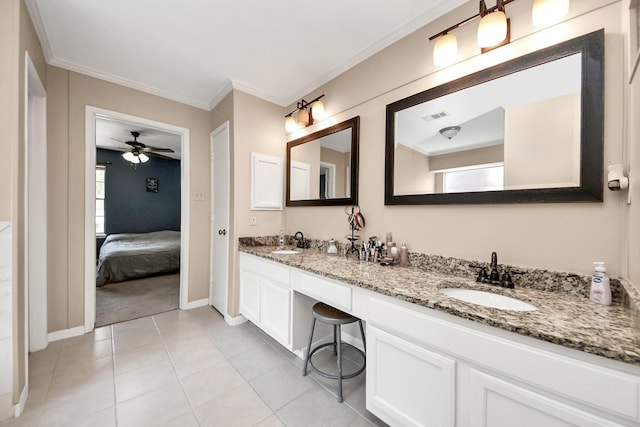 full bath with ceiling fan, visible vents, a sink, and ornamental molding