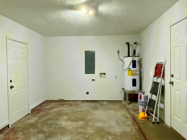 laundry area featuring a textured ceiling, electric panel, laundry area, and electric water heater