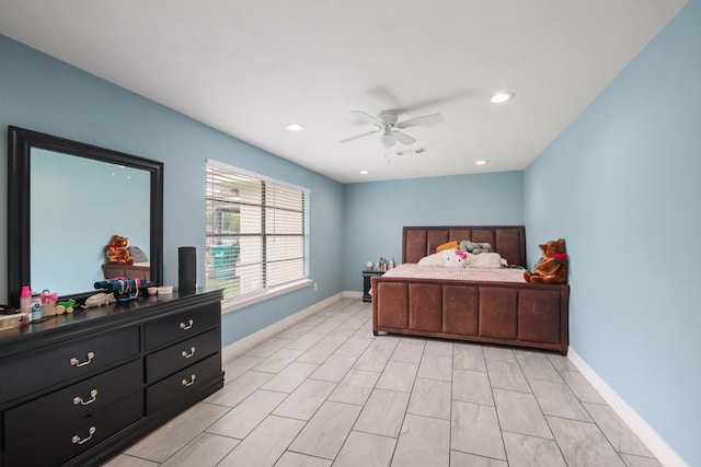bedroom with recessed lighting, visible vents, baseboards, and ceiling fan